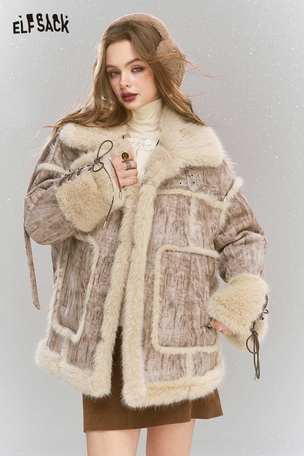 ELFSACK Light Suede Faux Fur Patchwork Blend Coat