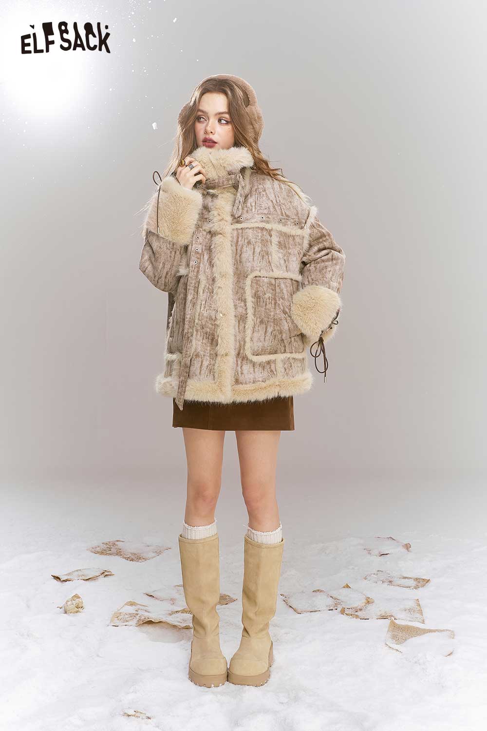 ELFSACK Light Suede Faux Fur Patchwork Blend Coat