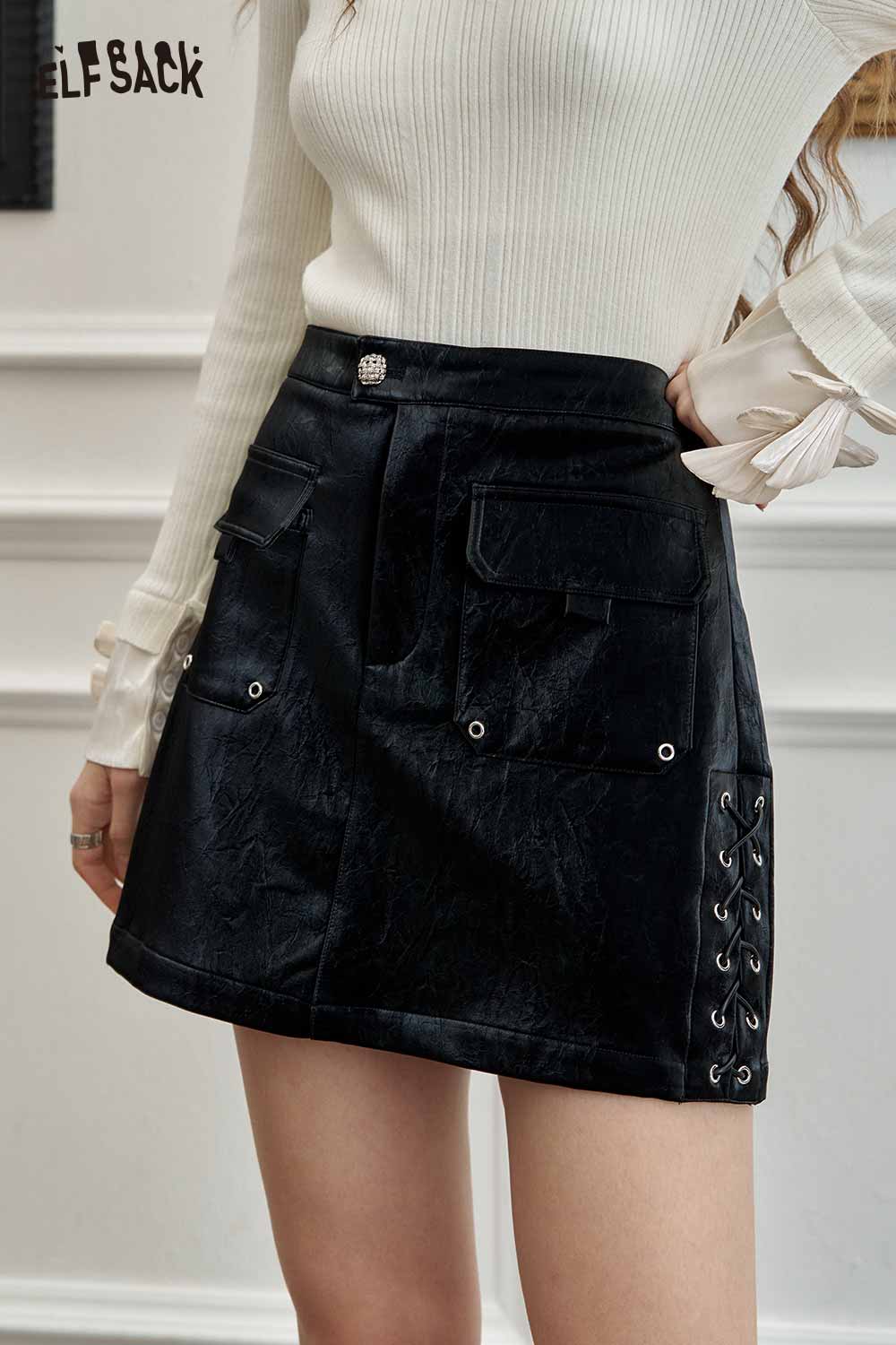 ELFSACK Light Sweetcore Studded A-Line Solid Skirt