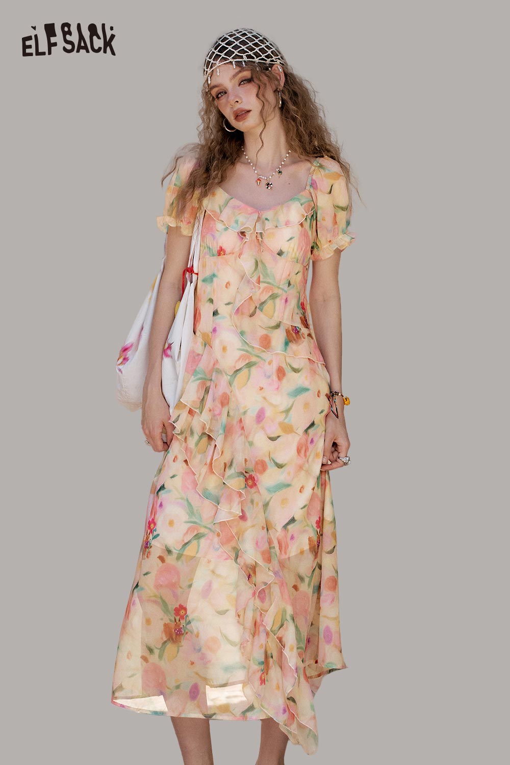 ELFSACK Light Tiered Puff Sleeve Long Dress