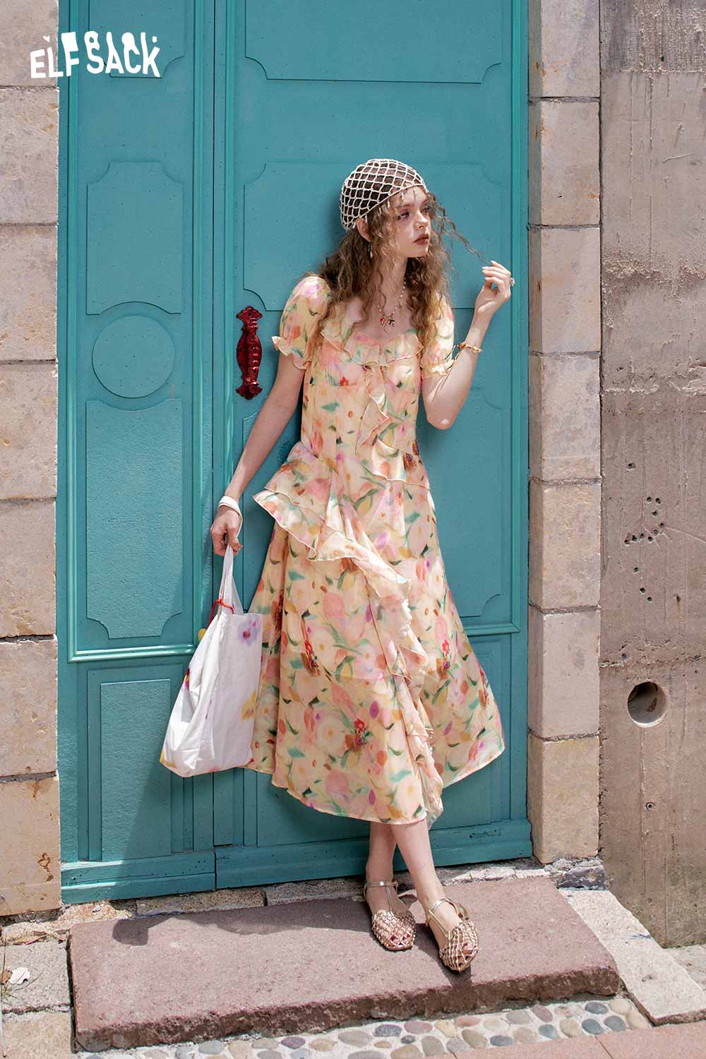 ELFSACK Light Tiered Puff Sleeve Long Dress