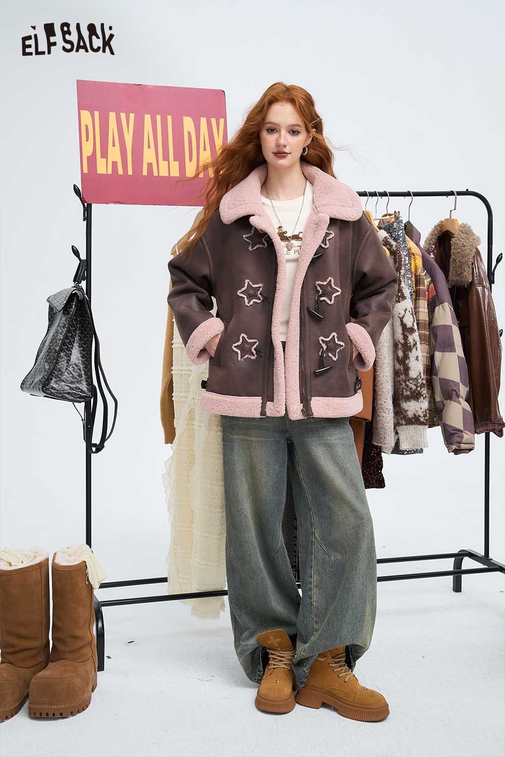 ELFSACK Light Vintage Mallard Pink Suede Plush Cotton Coat