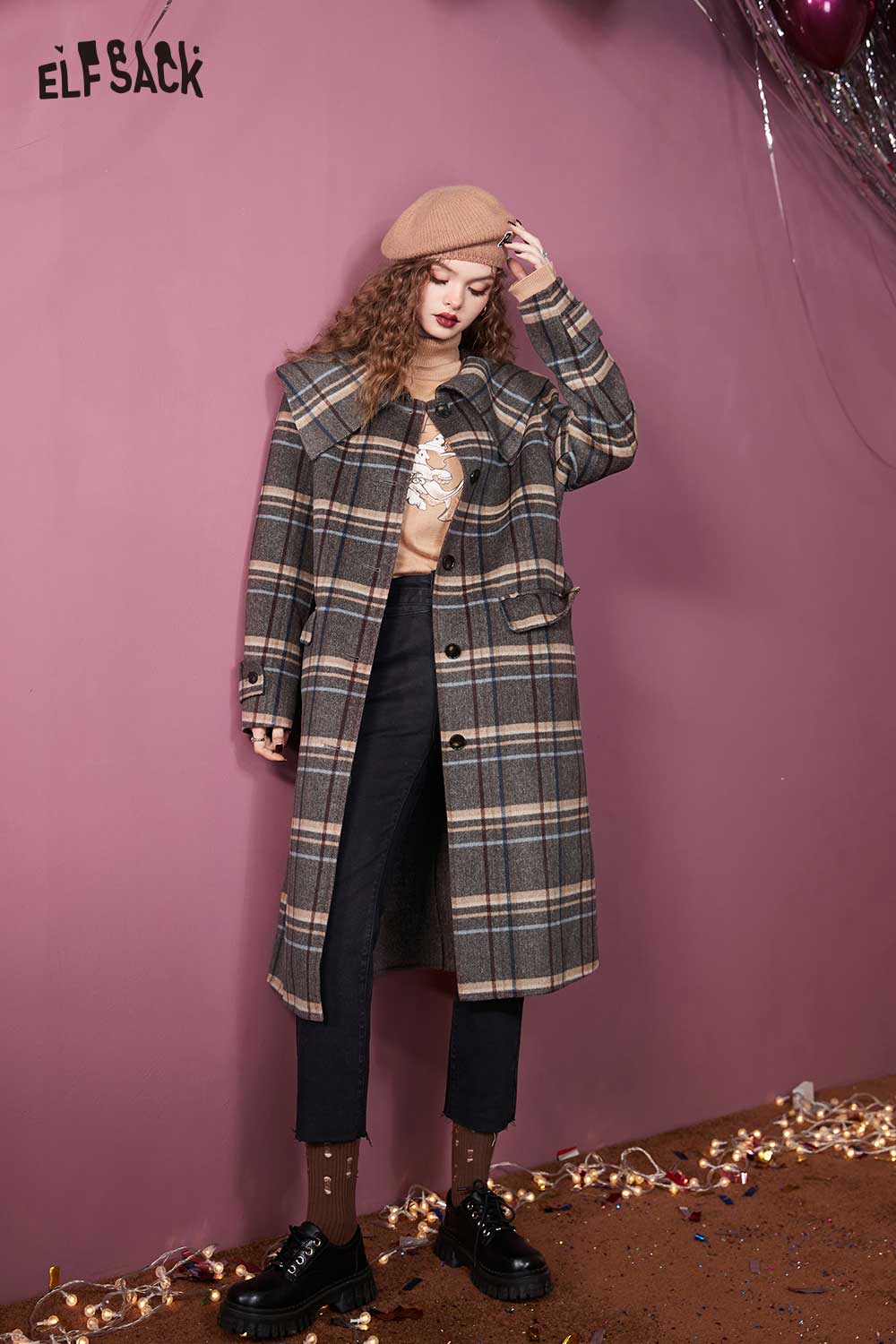 ELFSACK Light Vintage Plaid Lapel Long Coat