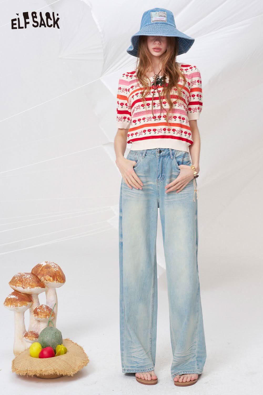 ELFSACK Light Wash Gradient Wide Leg Jeans