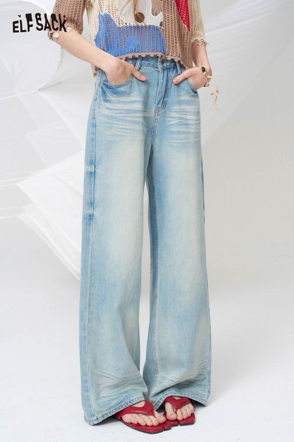 ELFSACK Light Wash Gradient Wide Leg Jeans