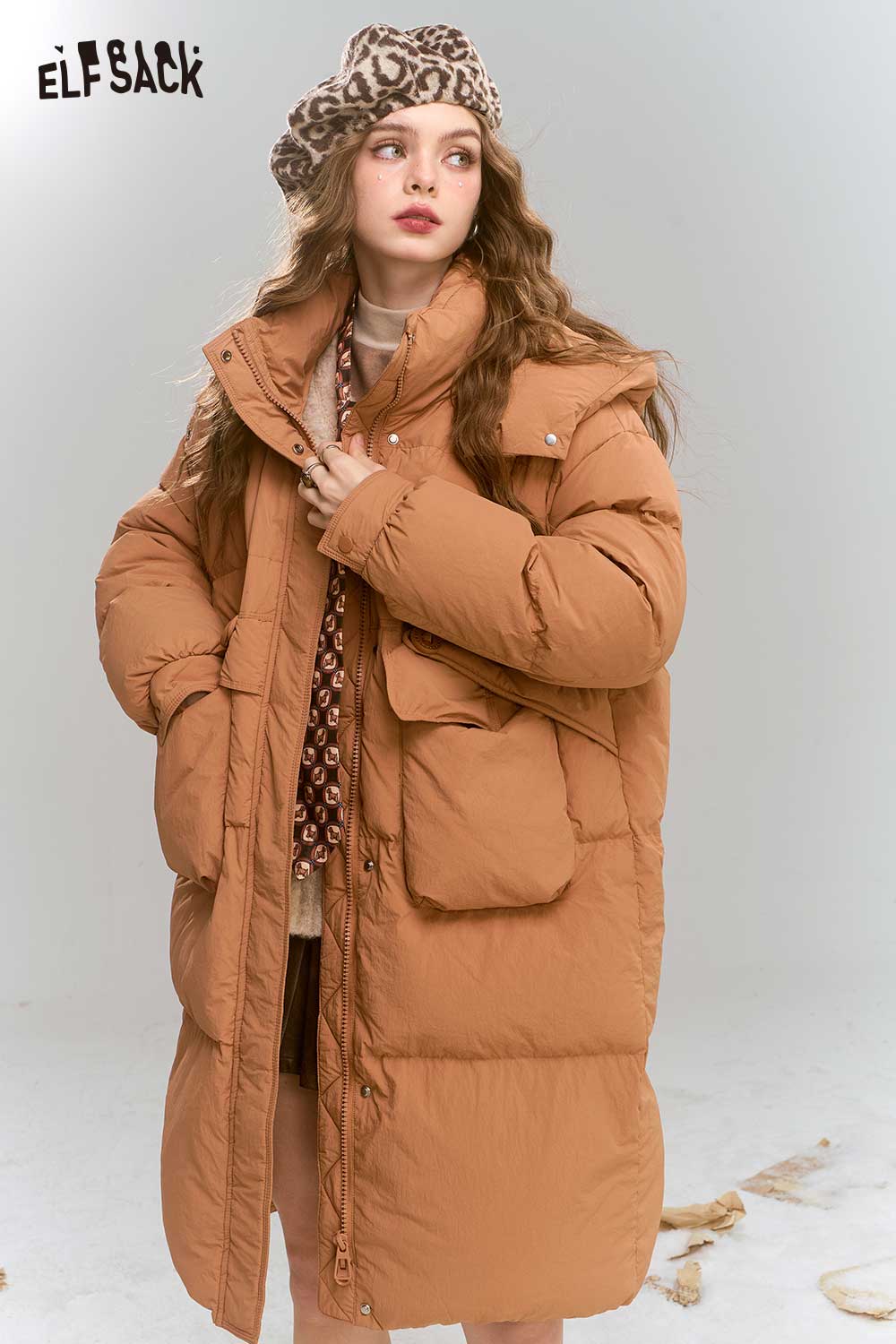 ELFSACK Light Windproof Long Hooded Down Coat