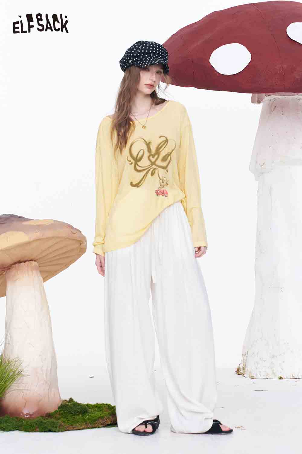 ELFSACK Linen Blend Drawstring Waist Wide Leg Pants