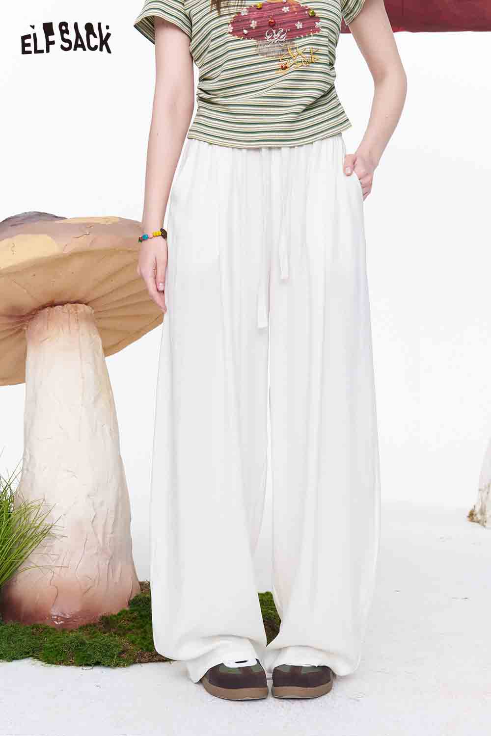 ELFSACK Linen Blend Drawstring Waist Wide Leg Pants