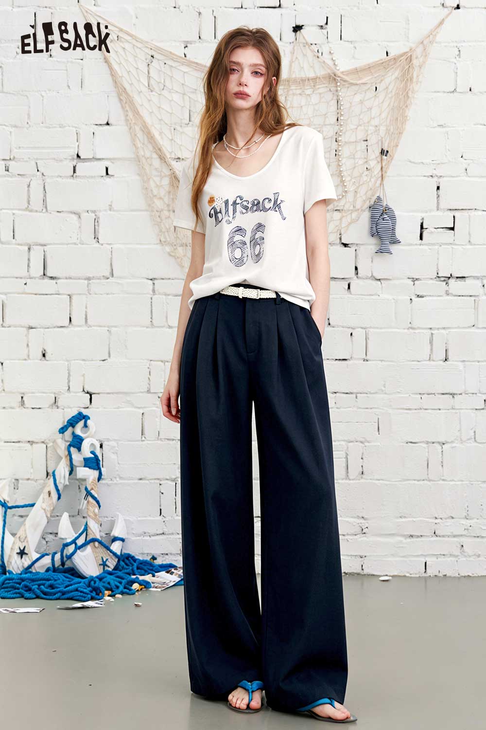 ELFSACK Linen Blend High Waist Wide Leg Pants