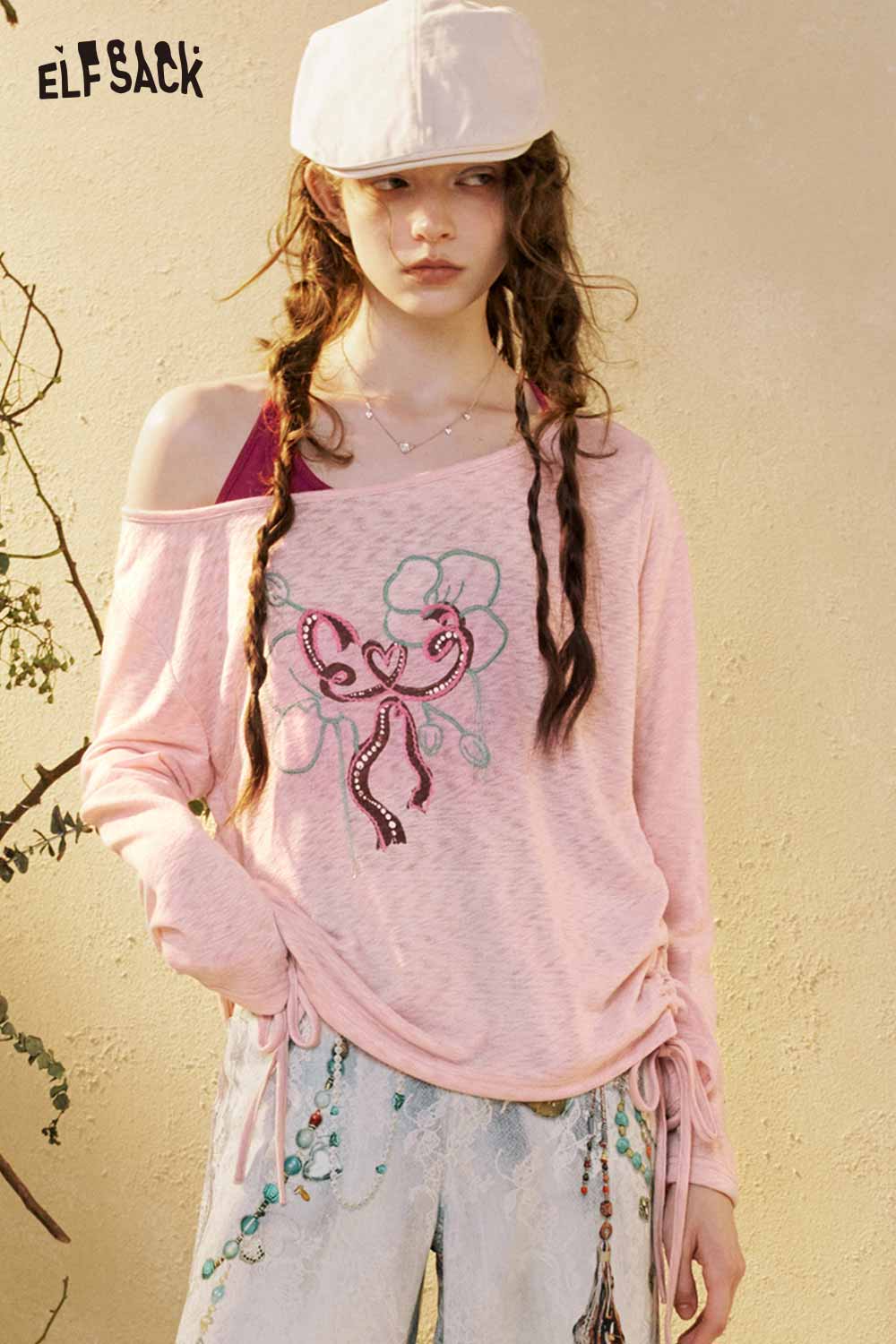ELFSACK Long Sleeve Floral Bow Drawstring Top
