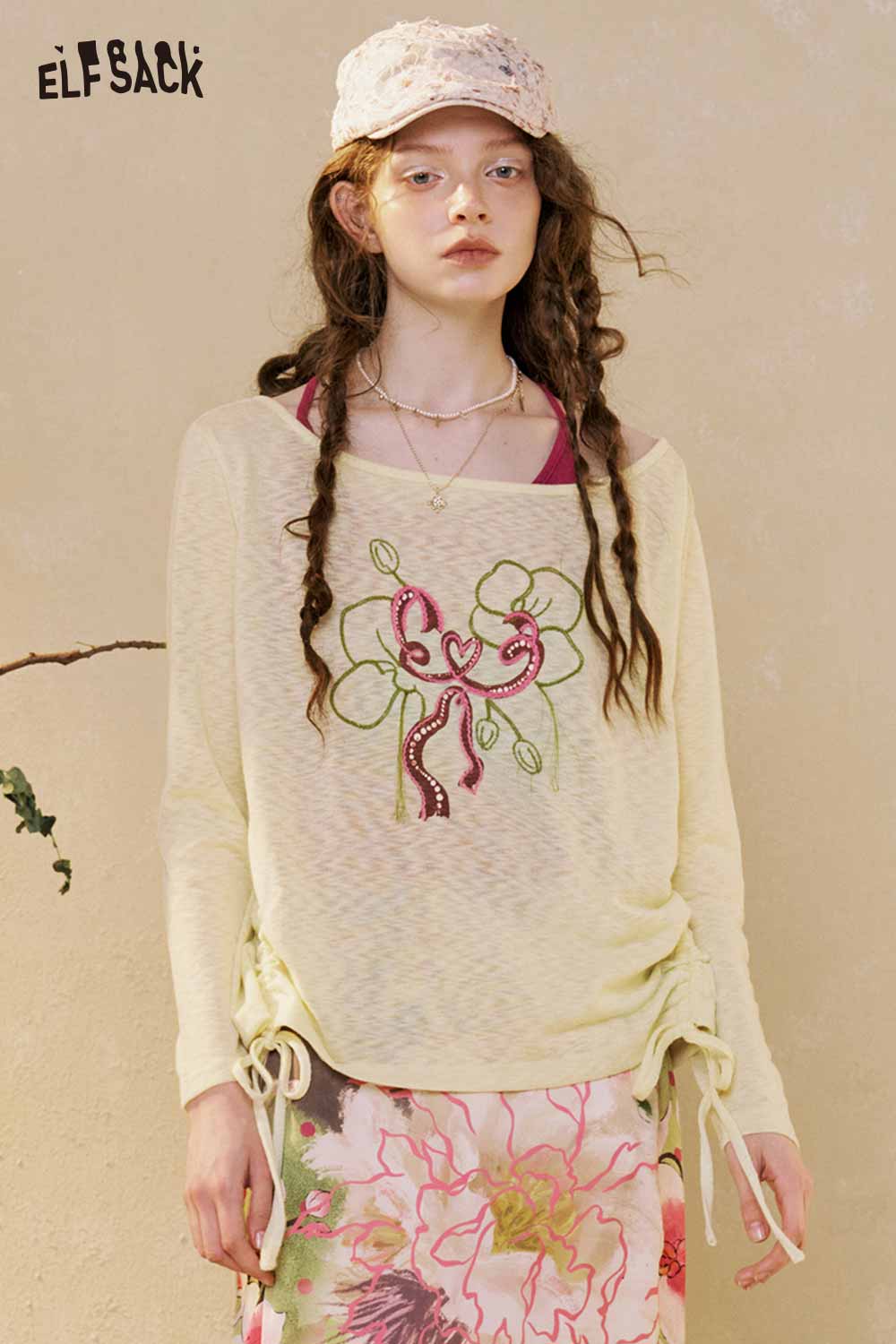 ELFSACK Long Sleeve Floral Bow Drawstring Top