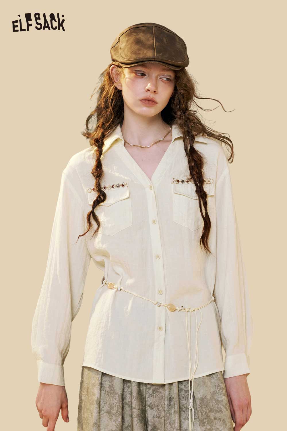 ELFSACK Long Sleeve V Neck Pocket Blouse