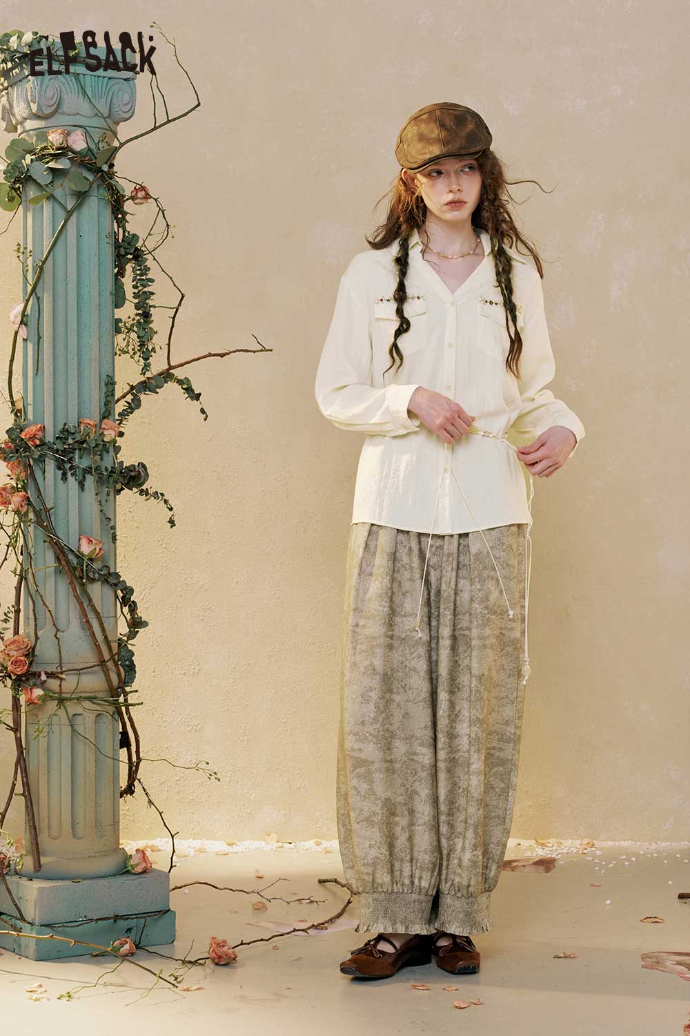 ELFSACK Long Sleeve V Neck Pocket Blouse