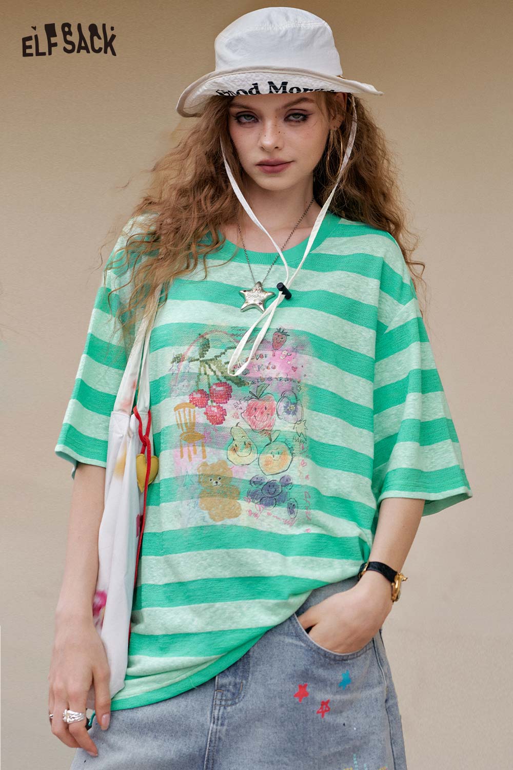 ELFSACK Loose Casual Stripe Graphic Short Sleeve Tee Design