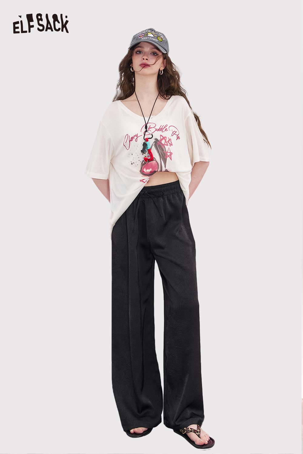 ELFSACK Loose Casual White Wide Leg Pants