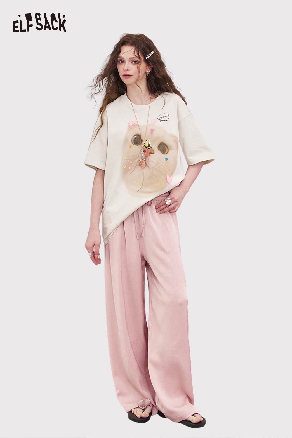 ELFSACK Loose Casual White Wide Leg Pants