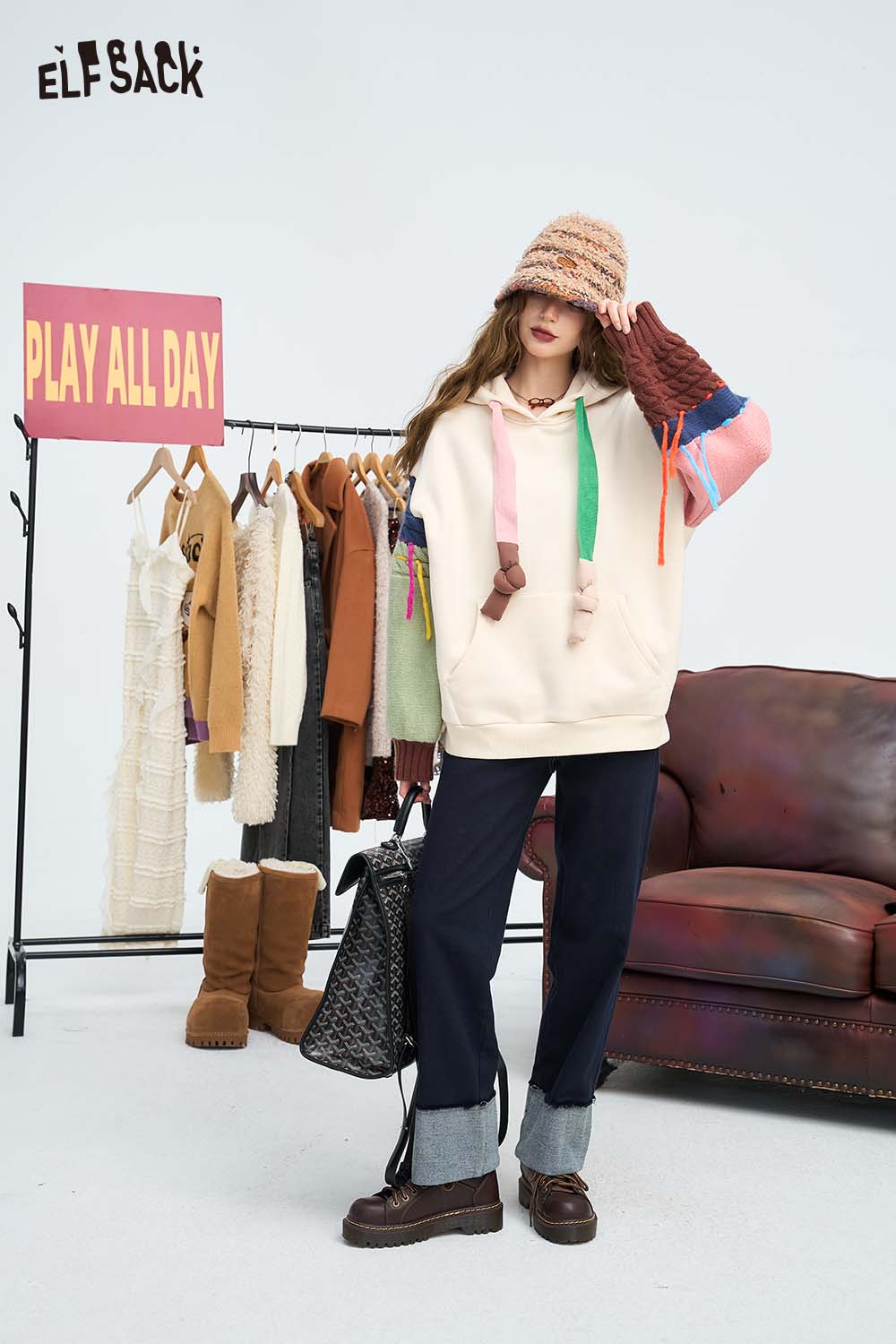 ELFSACK Loose Color Block Hooded Knit Patchwork Sweatshirt