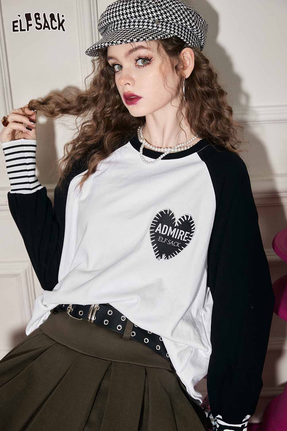 ELFSACK Loose Color Block Patchwork Raglan Sleeve Round Neck Tshirt