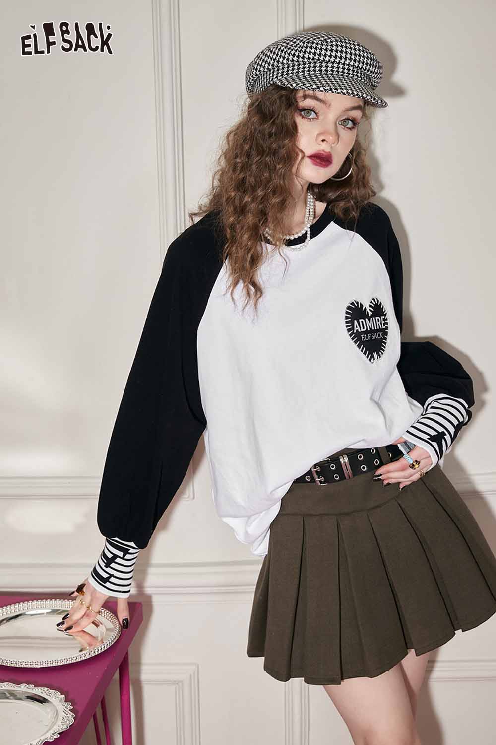 ELFSACK Loose Color Block Patchwork Raglan Sleeve Round Neck Tshirt