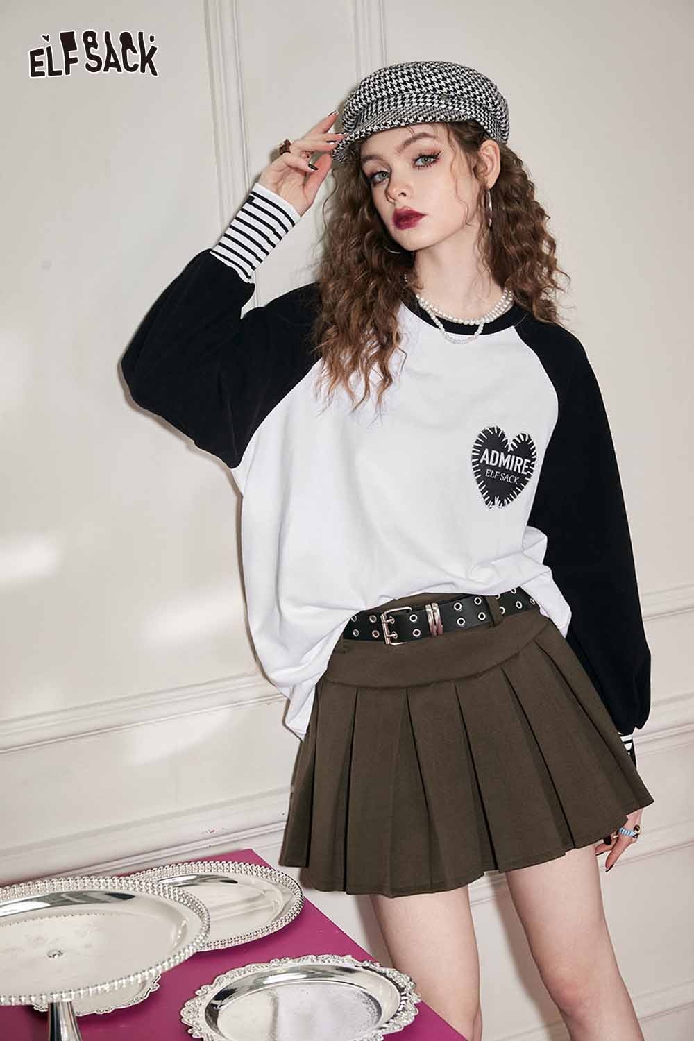 ELFSACK Loose Color Block Patchwork Raglan Sleeve Round Neck Tshirt