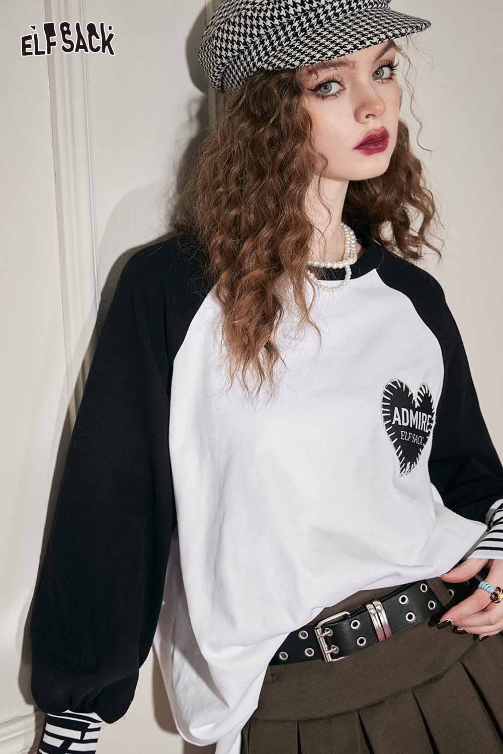 ELFSACK Loose Color Block Patchwork Raglan Sleeve Round Neck Tshirt
