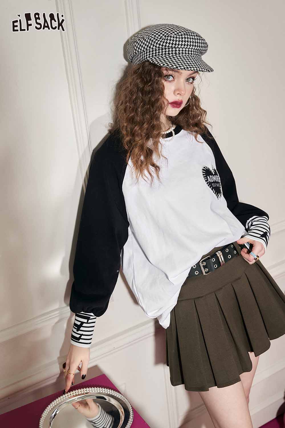 ELFSACK Loose Color Block Patchwork Raglan Sleeve Round Neck Tshirt