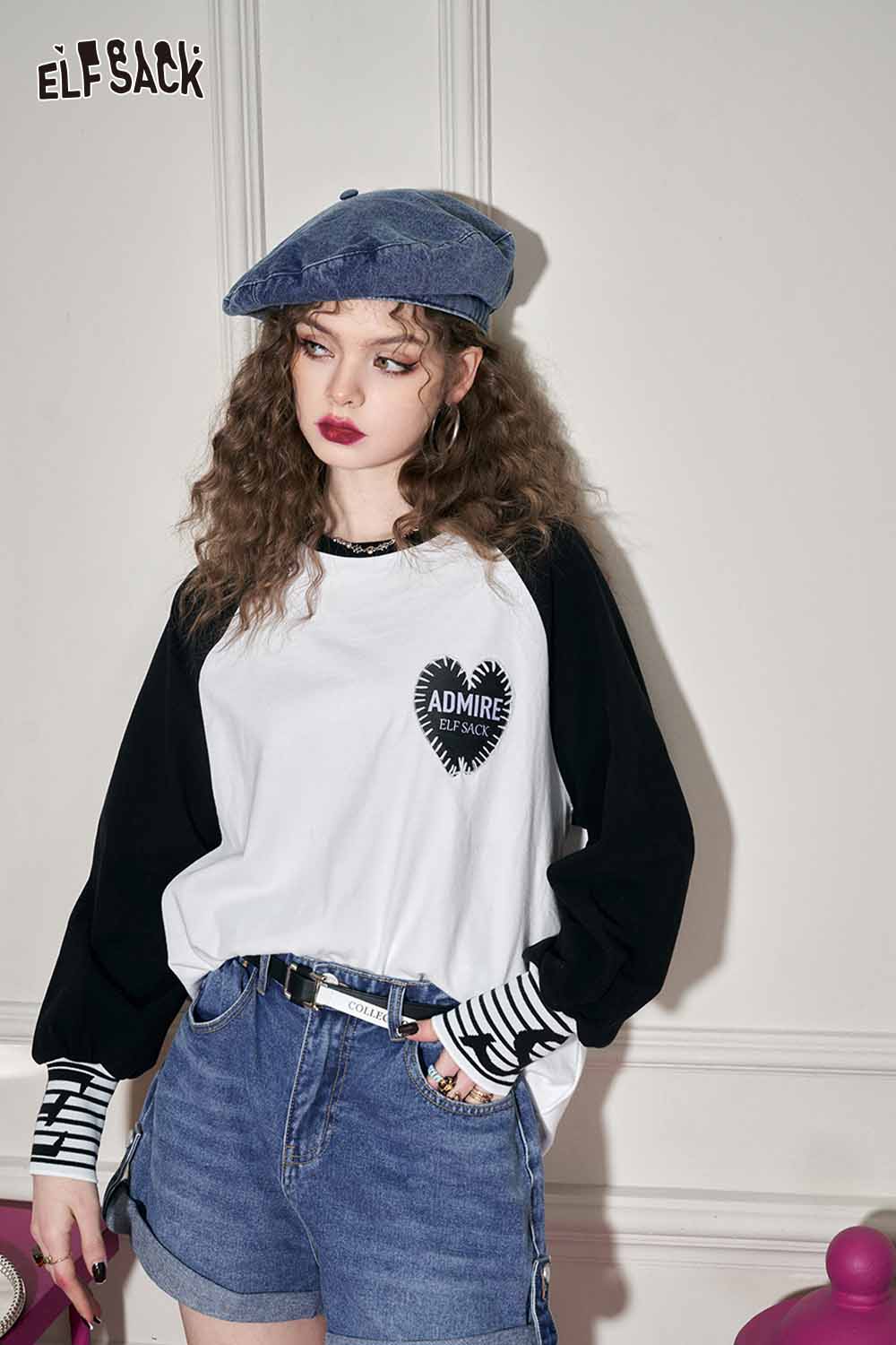 ELFSACK Loose Color Block Patchwork Raglan Sleeve Round Neck Tshirt