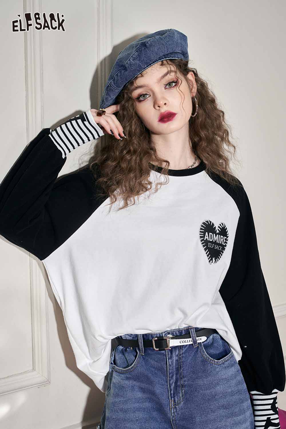 ELFSACK Loose Color Block Patchwork Raglan Sleeve Round Neck Tshirt