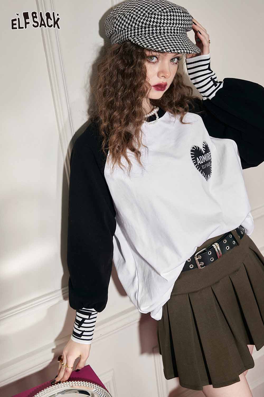 ELFSACK Loose Color Block Patchwork Raglan Sleeve Round Neck Tshirt
