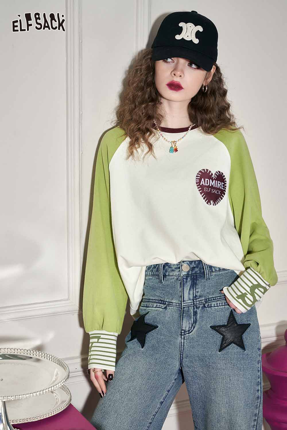 ELFSACK Loose Color Block Patchwork Raglan Sleeve Round Neck Tshirt