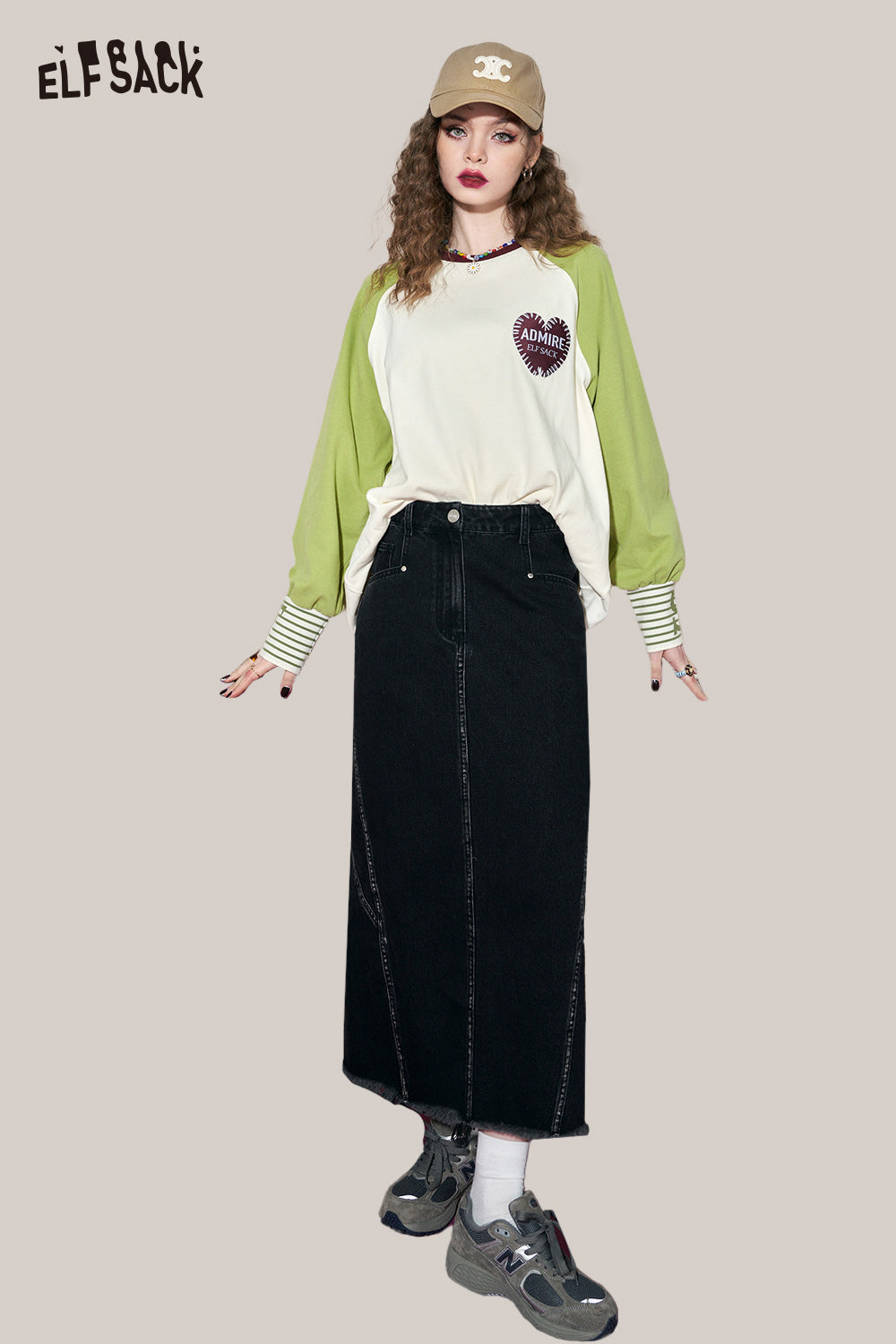 ELFSACK Loose Color Block Patchwork Raglan Sleeve Round Neck Tshirt