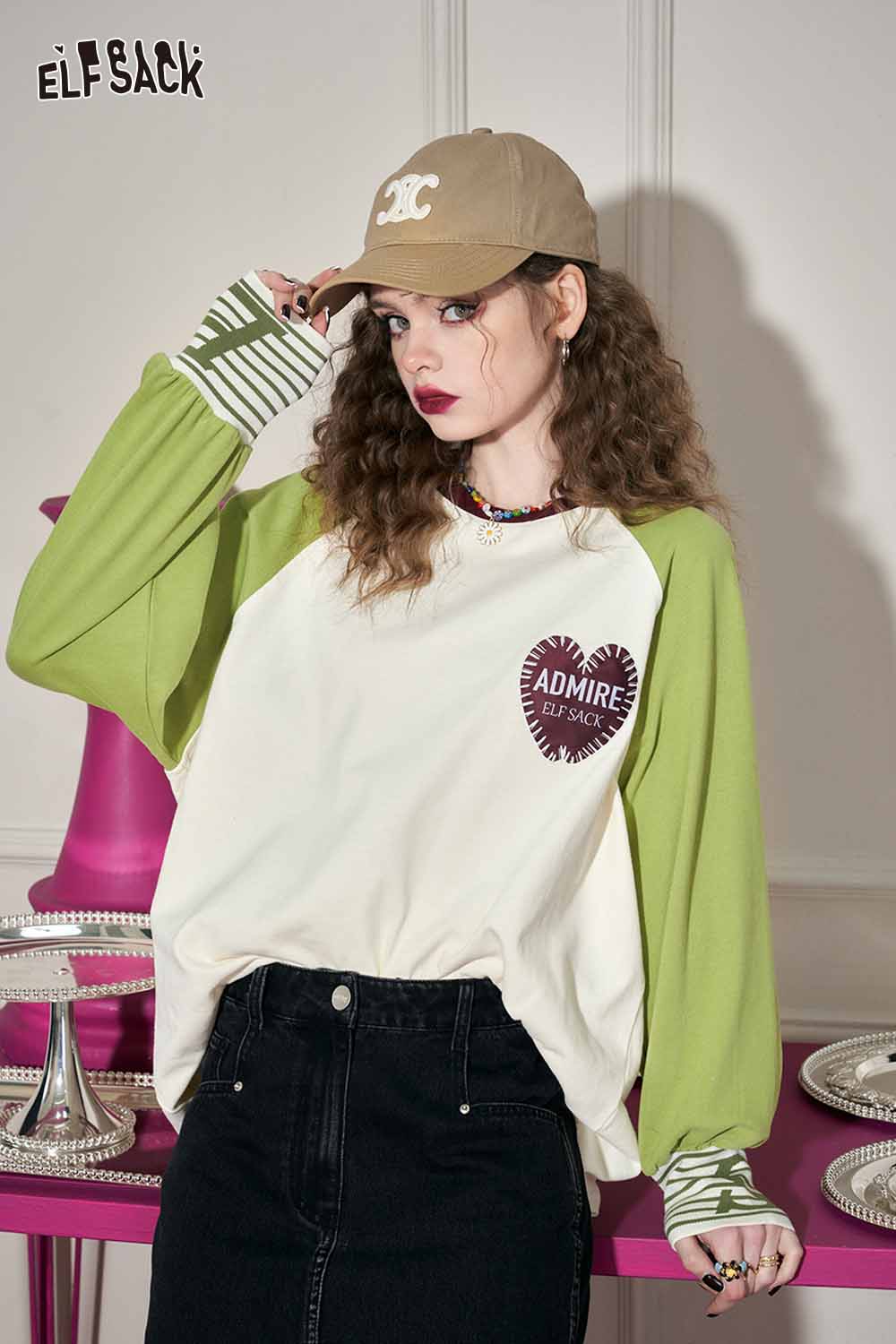 ELFSACK Loose Color Block Patchwork Raglan Sleeve Round Neck Tshirt