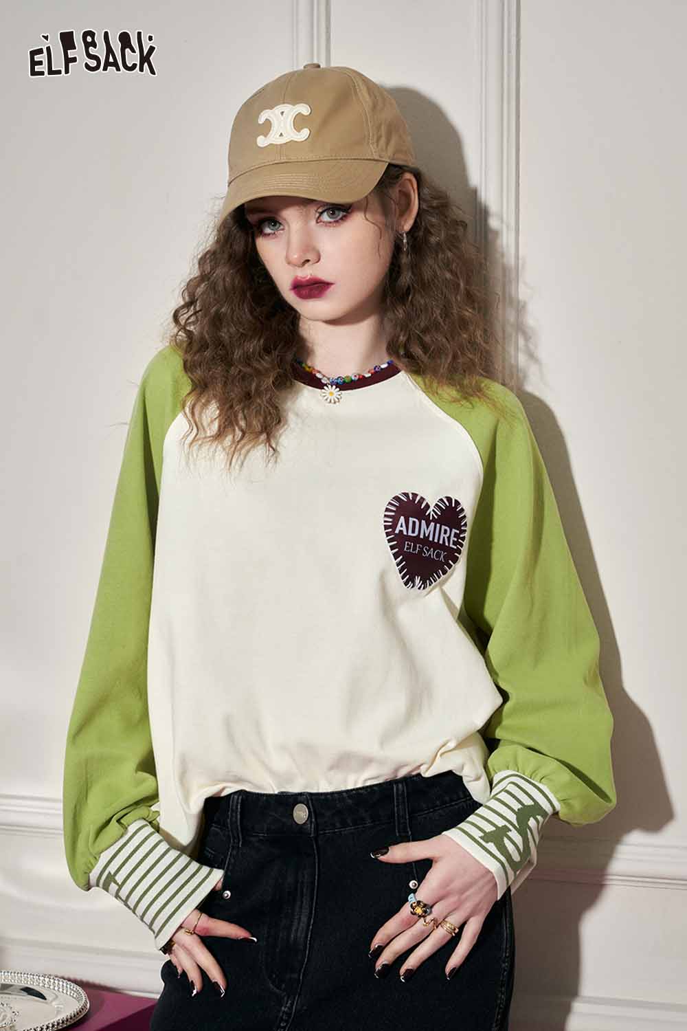 ELFSACK Loose Color Block Patchwork Raglan Sleeve Round Neck Tshirt