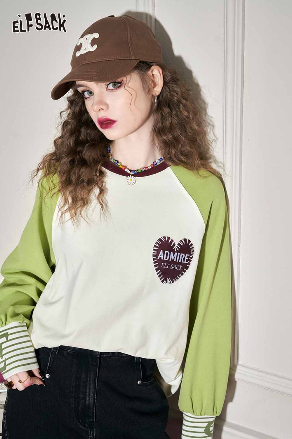 ELFSACK Loose Color Block Patchwork Raglan Sleeve Round Neck Tshirt