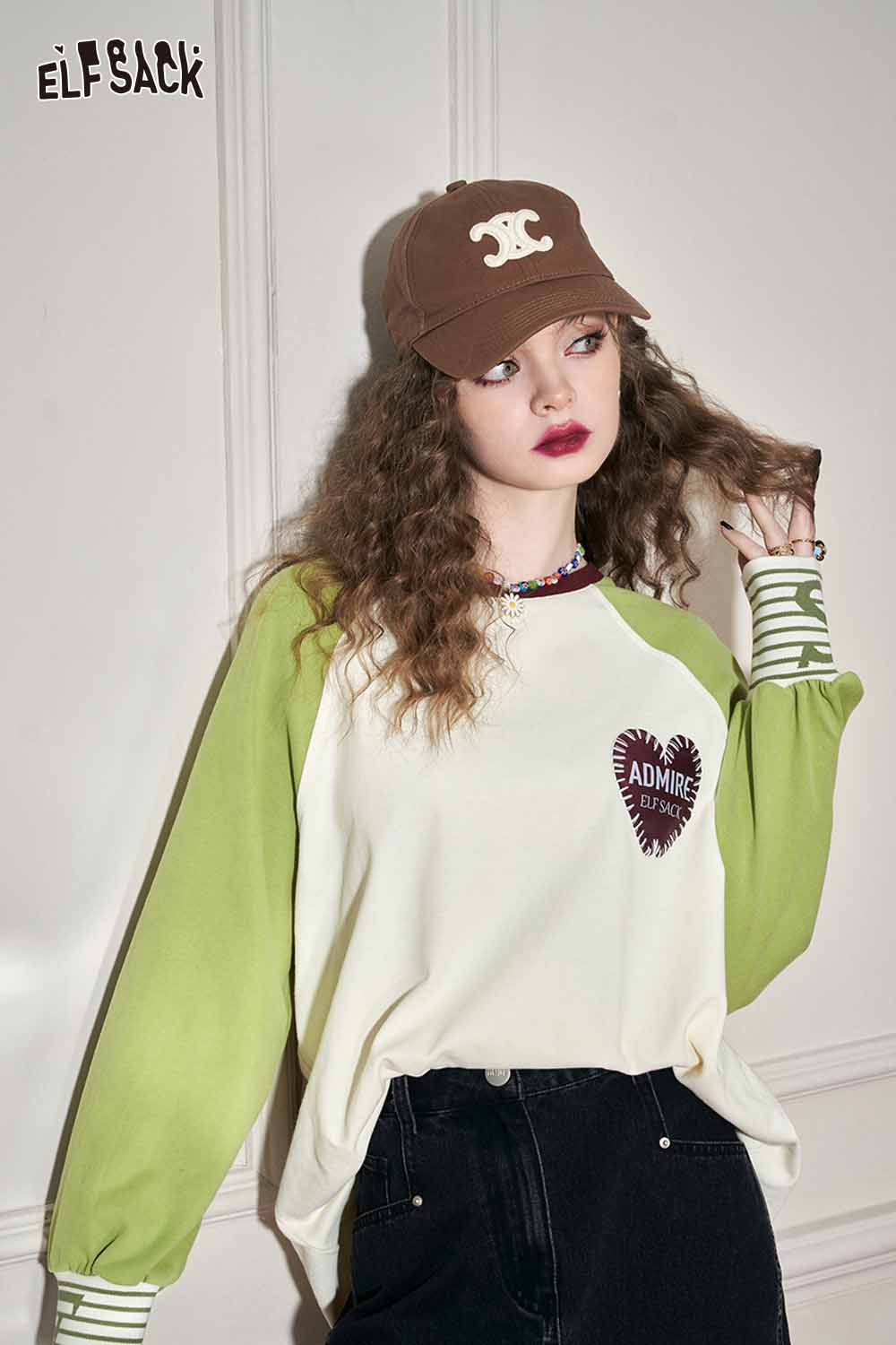 ELFSACK Loose Color Block Patchwork Raglan Sleeve Round Neck Tshirt