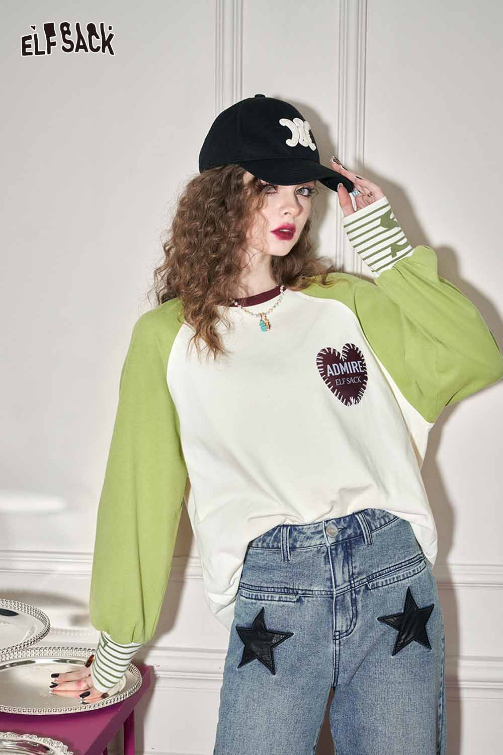 ELFSACK Loose Color Block Patchwork Raglan Sleeve Round Neck Tshirt