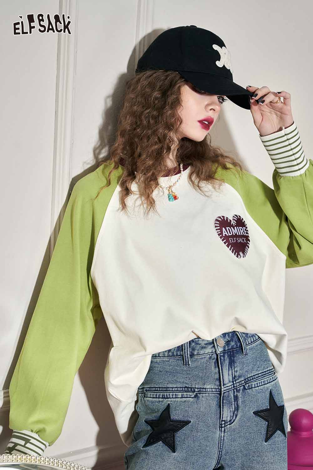 ELFSACK Loose Color Block Patchwork Raglan Sleeve Round Neck Tshirt