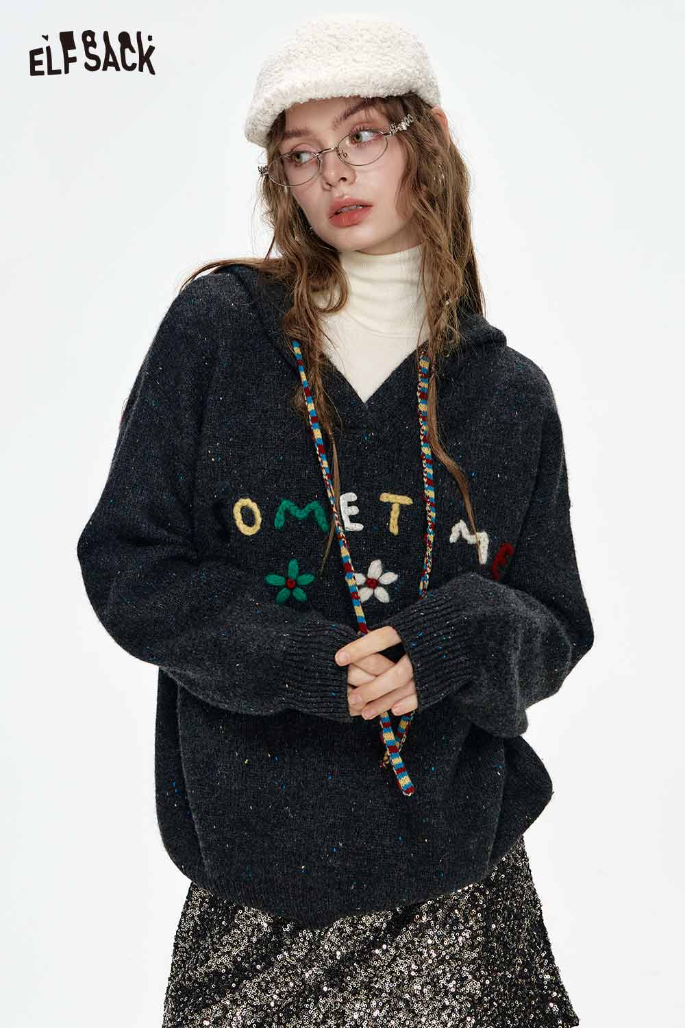 ELFSACK Loose Color Speckle Hooded Red Sweater