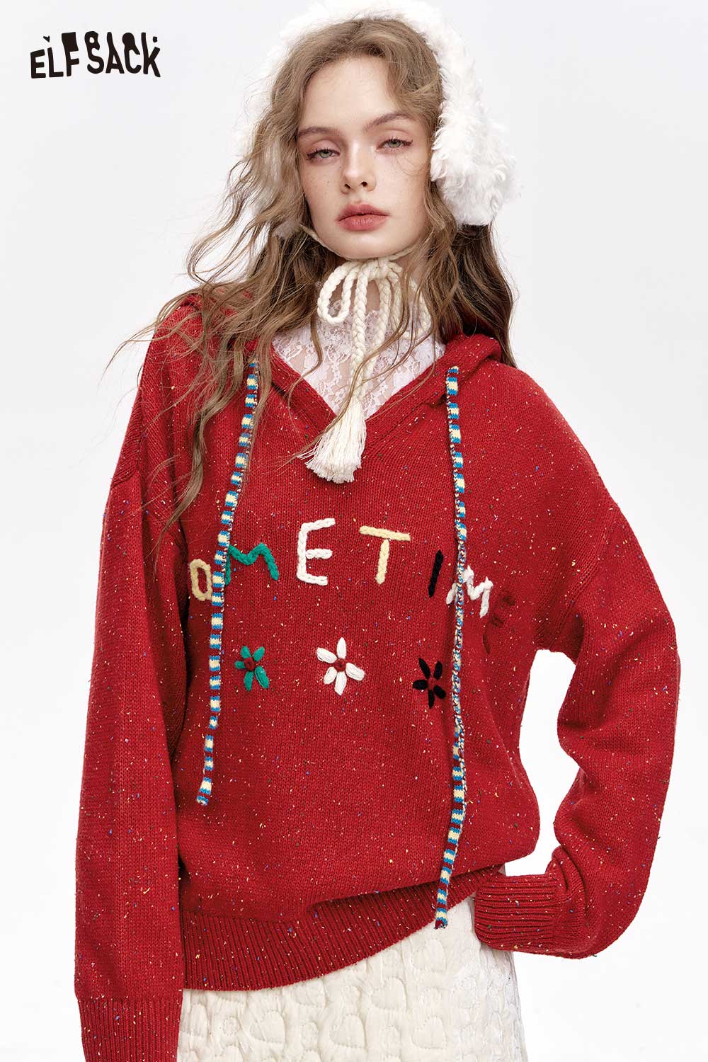 ELFSACK Loose Color Speckle Hooded Red Sweater