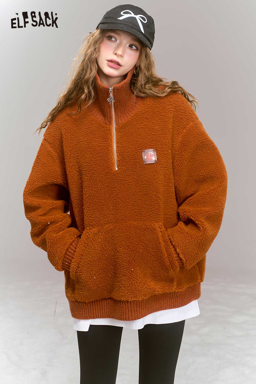 ELFSACK Loose Faux Shearling Half Zip Hoodie