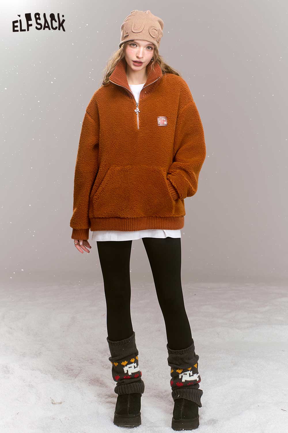 ELFSACK Loose Faux Shearling Half Zip Hoodie