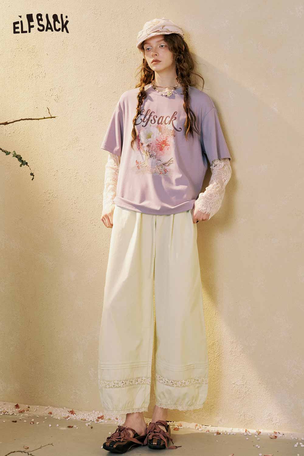 ELFSACK Loose Lace Hem Wide Leg Pants