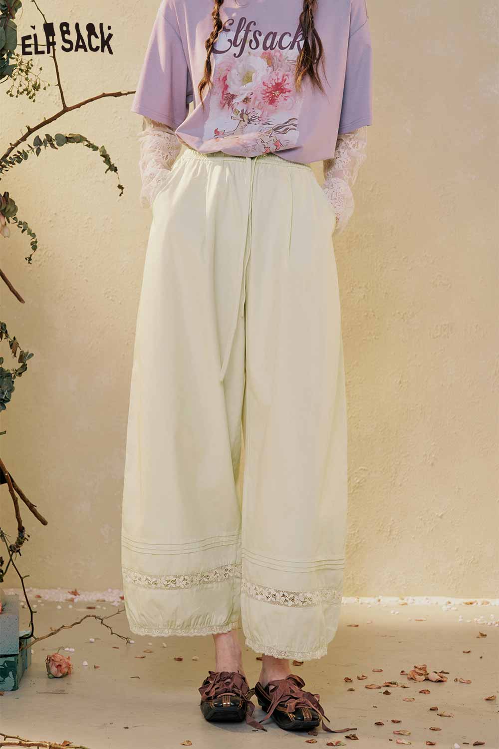 ELFSACK Loose Lace Hem Wide Leg Pants