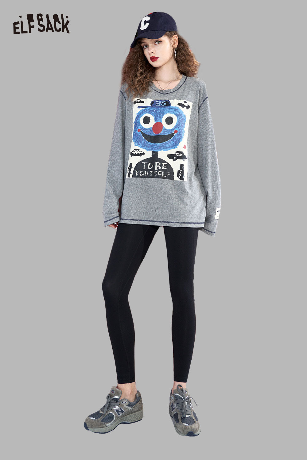 ELFSACK Loose Layering Color Block Stitching Graphic Round Neck Tshirt