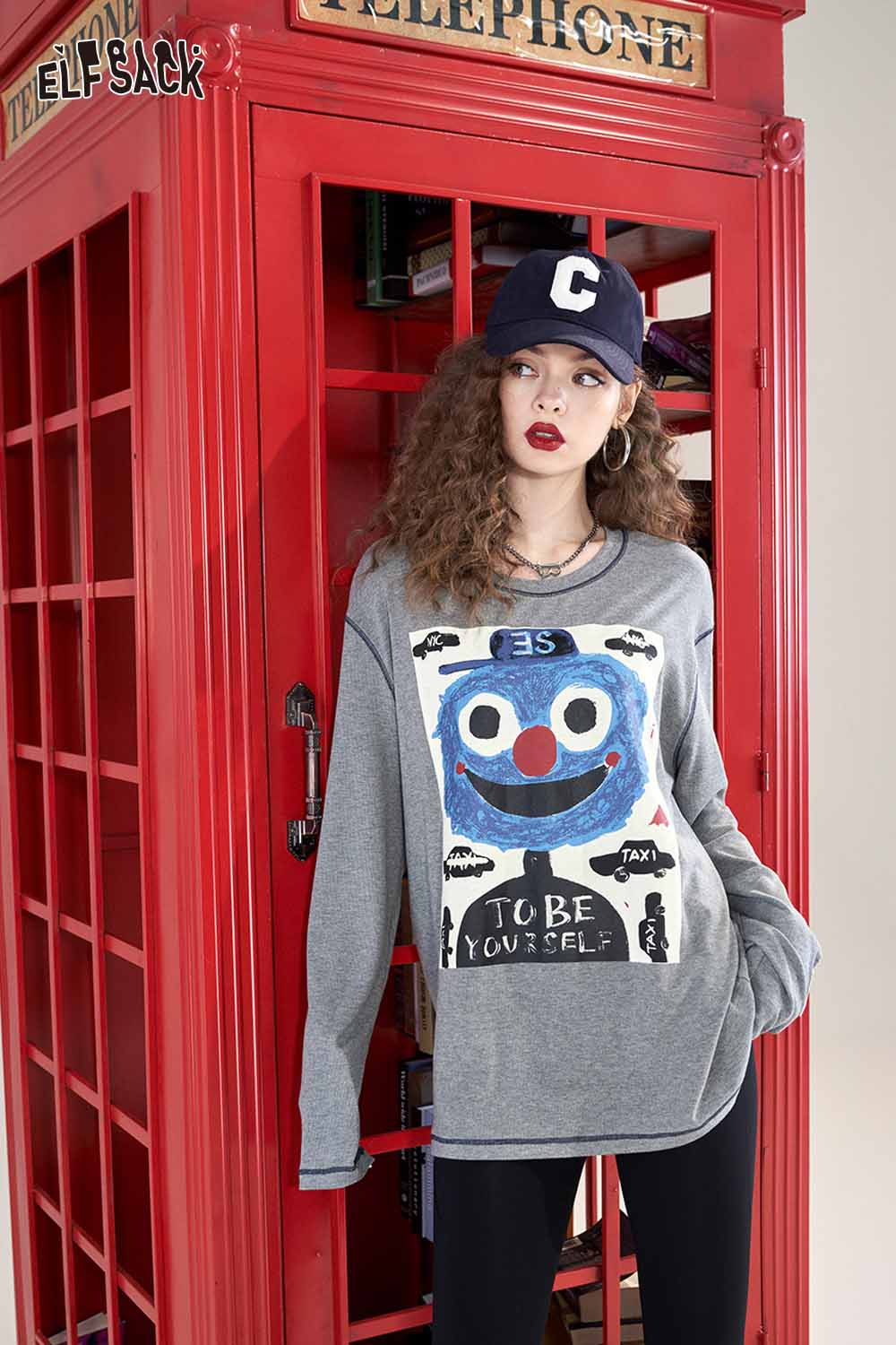 ELFSACK Loose Layering Color Block Stitching Graphic Round Neck Tshirt