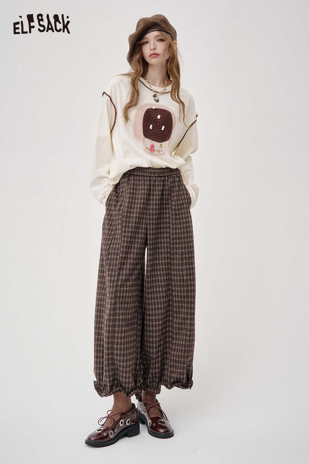 ELFSACK Loose Relaxed Casual Vintage Plaid Wide Leg Pants Trousers