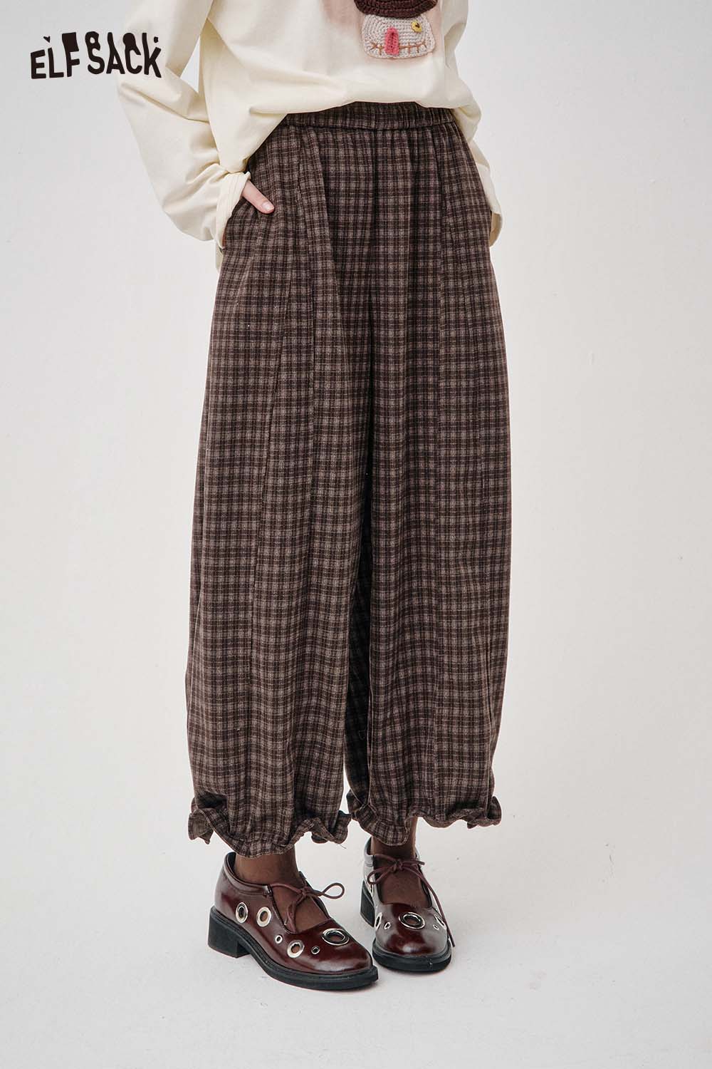 ELFSACK Loose Relaxed Casual Vintage Plaid Wide Leg Pants Trousers