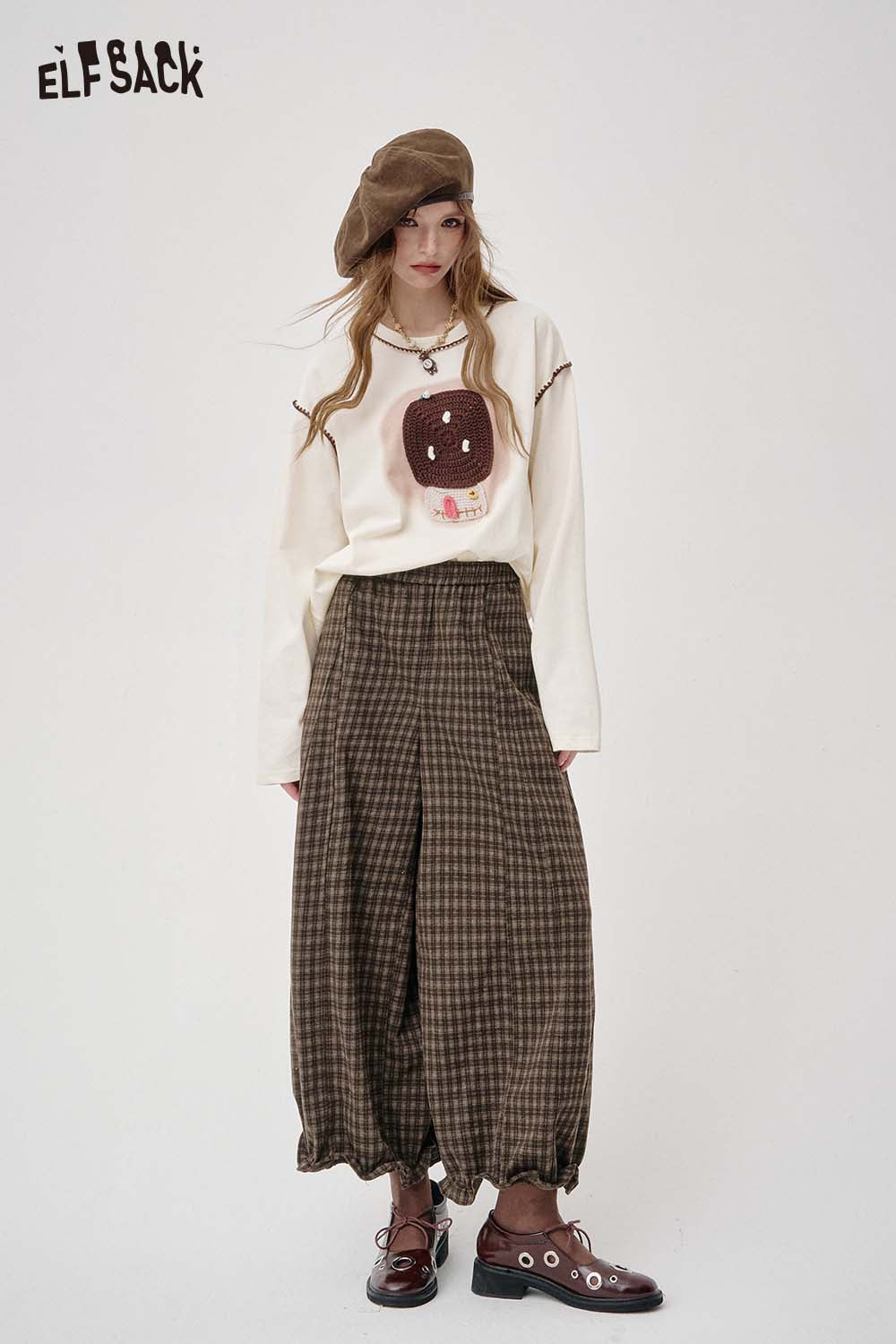 ELFSACK Loose Relaxed Casual Vintage Plaid Wide Leg Pants Trousers