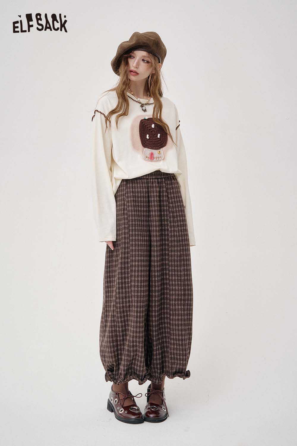 ELFSACK Loose Relaxed Casual Vintage Plaid Wide Leg Pants Trousers