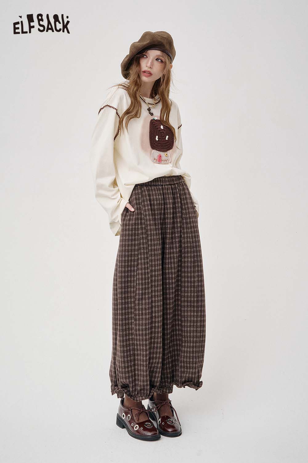 ELFSACK Loose Relaxed Casual Vintage Plaid Wide Leg Pants Trousers